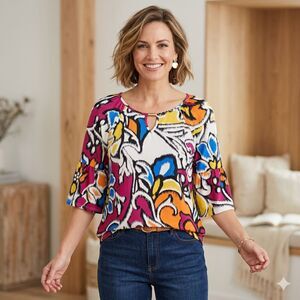 Emi & Joe Floral Colorful Blouse Small Flutter Bell Sleeves Key Hole Artsy Bold